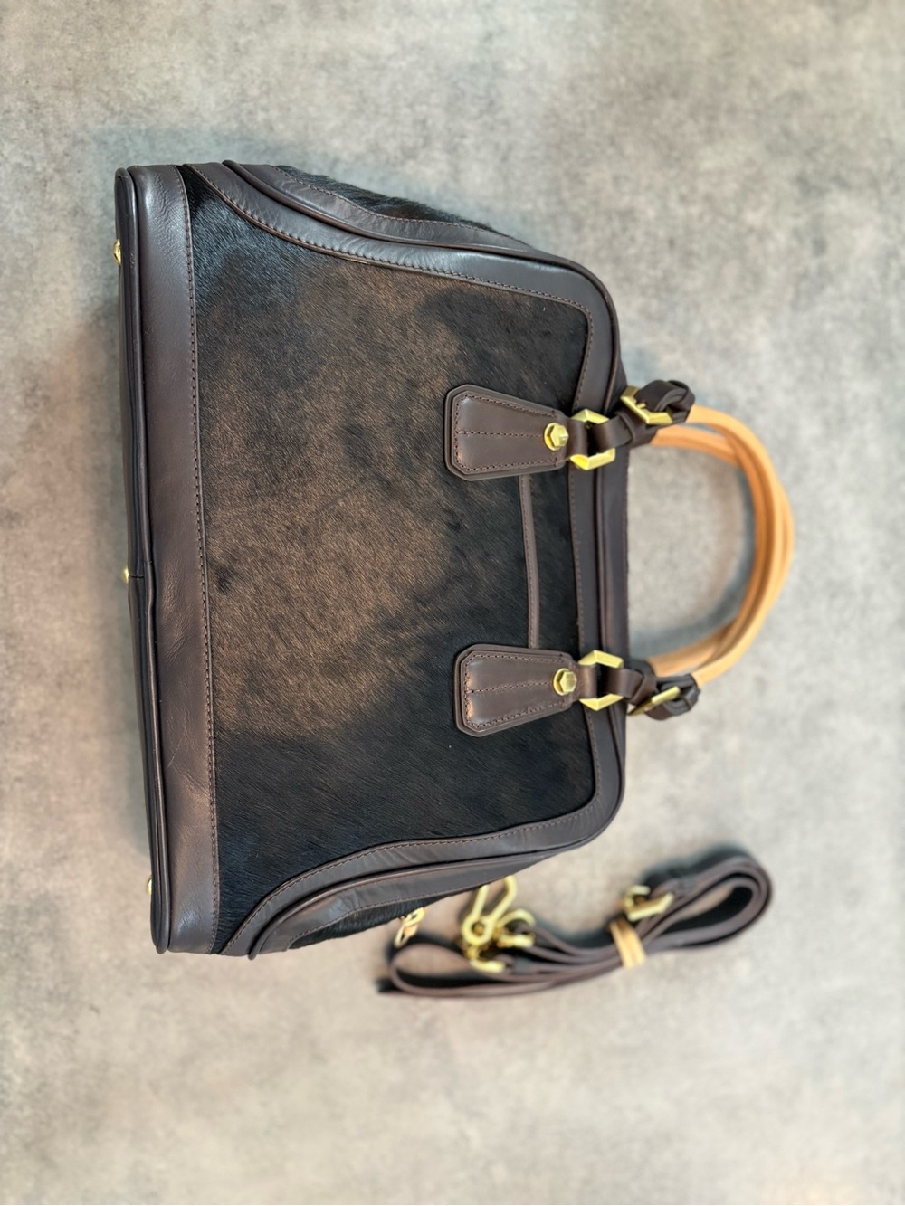 orYANY Black and Tan Leather Satchel with Gold Hardware